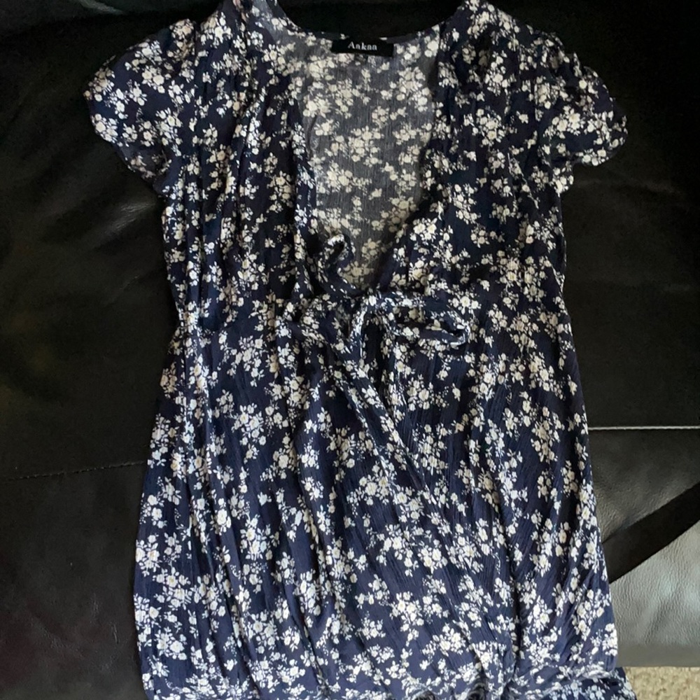 Blue floral dress. V-neck. Very cute.